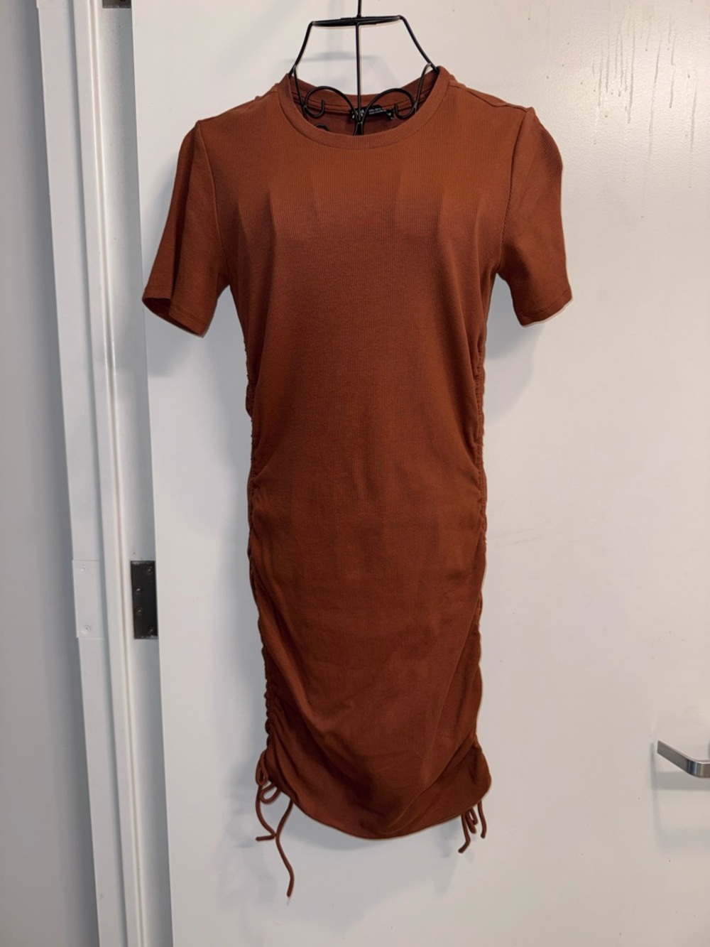 Zara Brown Short Sleeve Ruched Side Tie Detail Mini Dress